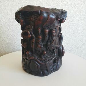 #Antique Chinese CarvedinRelief Resin Genre  Scene Libation Cup 1900-1920s.